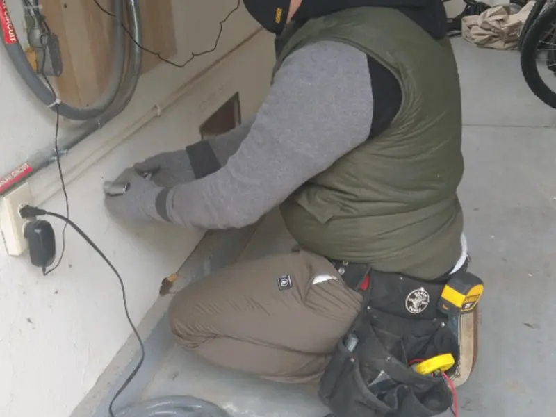 Electrician performing outlet wiring in a East Hanover garage